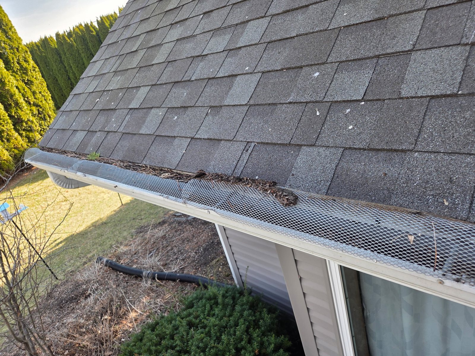 Before photo of debris sitting on old gutter screen before GutterForge gutter guard work
